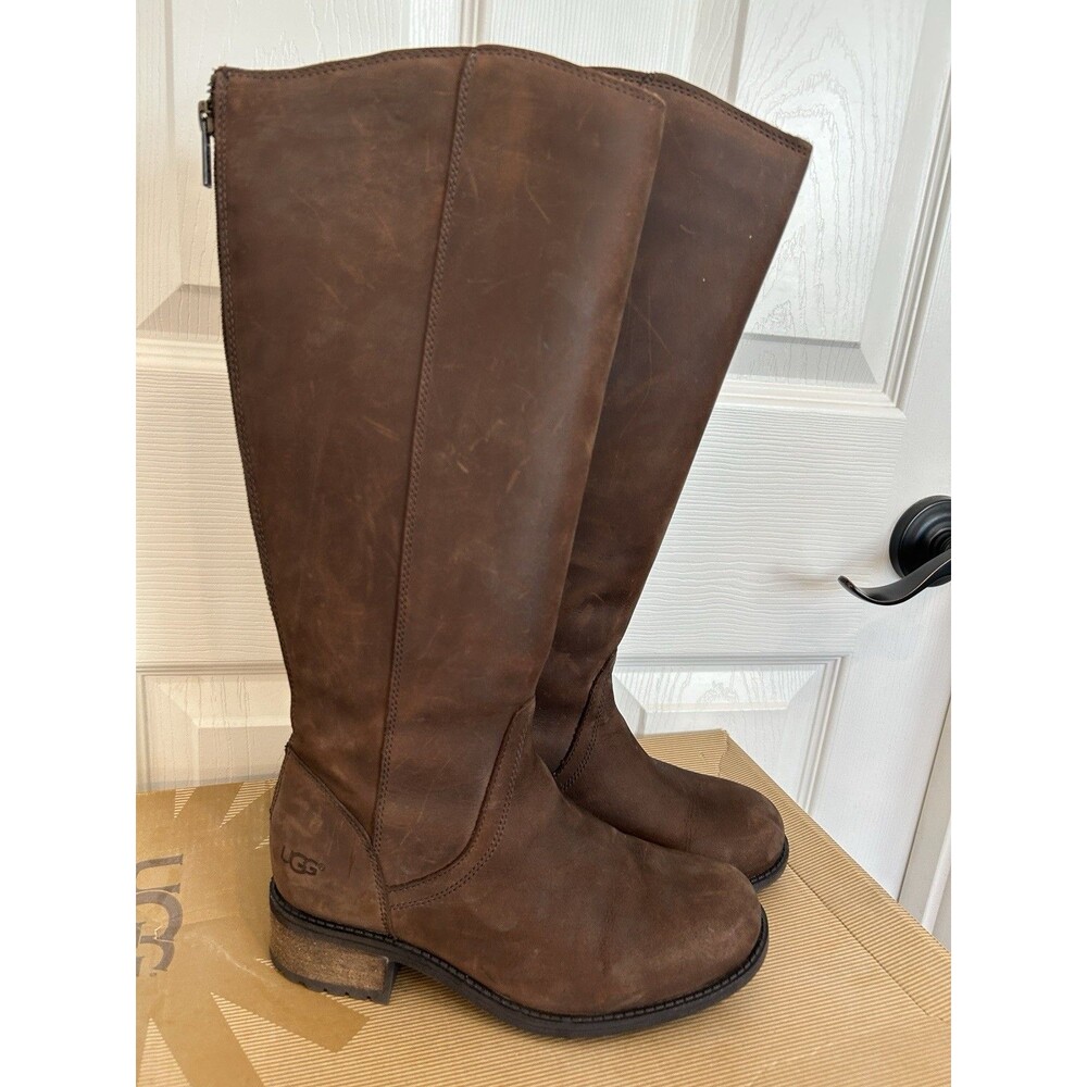 UGG Seldon W US Sz5 Tall Riding Boots Brown 1009201 Zip Up Leather Authentic